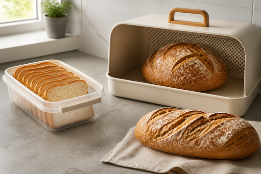 Bread box and different loaves organized on a cool kitchen countertop