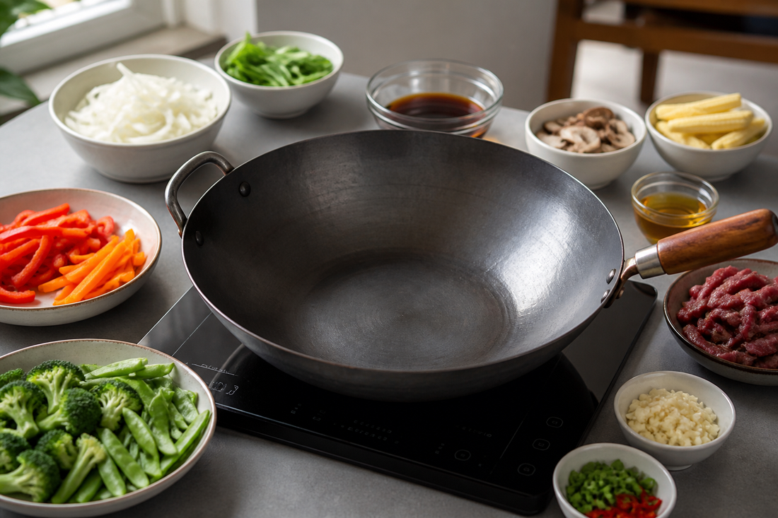 Flat-bottom wok centered on an induction cooktop with prepared vegetables, protein, aromatics, sauce, and oil arranged nearby
