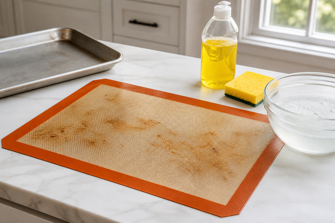 Reusable silicone baking mat laid flat beside mild dish soap, a soft sponge, and a bowl of warm soapy water