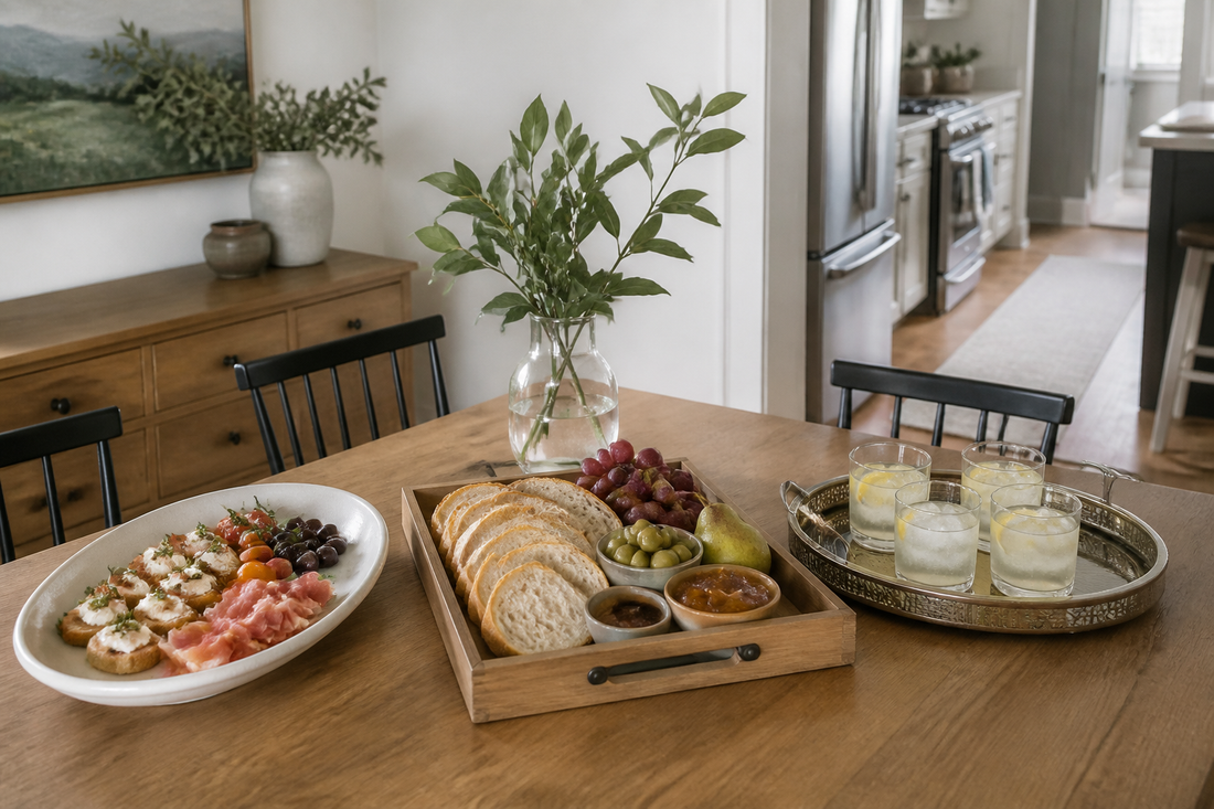 Several serving trays arranged for different foods and occasions, including appetizers, bread, fruit, and drinks