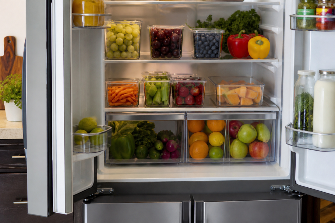Open refrigerator with produce containers arranged in separate visible zones