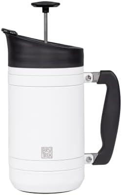 BruTrek by Planetary Design | BaseCamp French Press | 32 fl.oz - White | Insulated Stainless Steel - Bru-Stop Technology, No Grounds in Coffee, No Spill Lid (Snowflake White, 32 fl.oz)