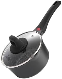 1.3Qt Nonstick Ceramic Sauce Pan with Glass Lid, 6.2" | Black ceramic nonstick, toxin/PFOA-free. Induction/gas compatible. Even heating. Soft-touch cool handle. Easy clean