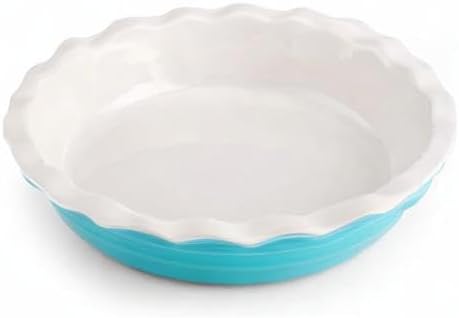 Farberware Bakers Advantage 10 Inch Ceramic Pie Dish - Two-Tone Teal and Ivory Stoneware Pie Pan with Scalloped Edge for Even Baking, Quiche, Casseroles