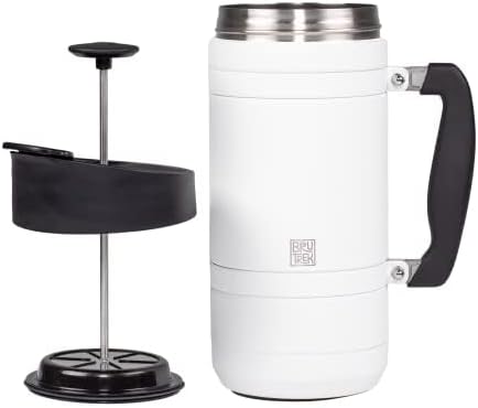BruTrek by Planetary Design | BaseCamp French Press | 48 fl.oz - White | Insulated Stainless Steel - Bru-Stop Technology, No Grounds in Coffee, No Spill Lid (Snowflake White, 48 fl.oz)