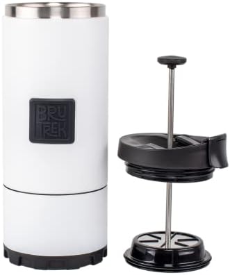 BruTrek | OVRLNDR Travel French Press | 24 fl.oz Drinkable Lid | White | Double Wall Insulated, Easy To Clean Removable Bottom, No Spill Lid, On The Go Coffee Brewing (Snowflake White)