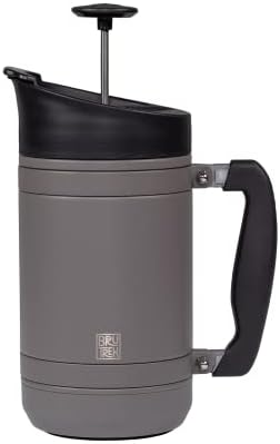 BruTrek by Planetary Design | BaseCamp French Press | 32 fl.oz Storm Gray | Double Wall Vacuum Insulated Stainless Steel - Bru-Stop Technology, No Grounds in Coffee, No Spill Lid (Storm Gray, 32 fl.oz)