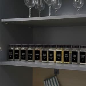 Churboro 66 Pack Glass Spice Jars with Labels, 4oz Spice Containers | Square Spice Bottles with Black Caps, Shaker Lids, 547 Labels, Funnel & Chalk Pen. Keep Seasoning Jars Neat and Organized