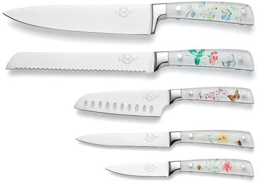 Butterfly Meadow 6-Piece Block Set | stainless steel, acacia wood two-tone block | 8 inch chef knife | hand wash only, knife block set, gift for women