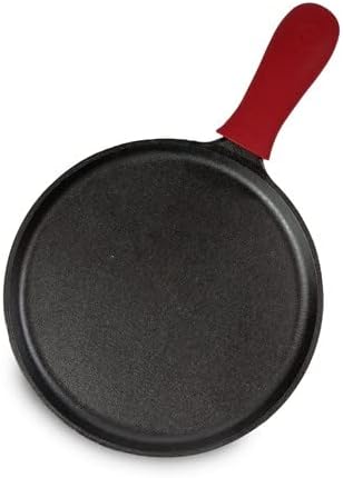Lodge Round Seasoned Cast Iron Griddle with Red Silicone Handle Holder - Heavy Duty Flat Cooking Pan for Breakfast Favorites & Everyday Cooking - 10.5 Inches