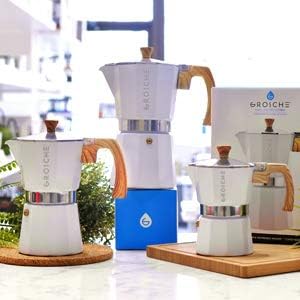 GROSCHE Milano Stovetop Espresso Maker Moka Pot 9 espresso Cup 15.2oz White | Cuban Coffee Maker And Italian Moka Pot For Stovetop Espresso; For Gas, Electric, And Propane Stoves With A Soft-Touch Handle