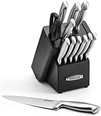 Farberware Self-Sharpening Knife Block Set, 13-Piece Kitchen Knife Set with EdgeKeeper Technology, High-Carbon Stainless Steel Blades, Ergonomic Hollow Handles, Black Wood Block