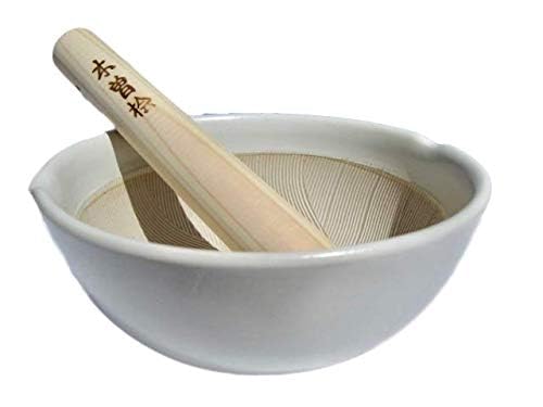 Made in Japan Ripple Ridge Mortar and Pestle Suribachi & Surikogi Set 6.6 Inches for Both Right and Left Handed Mino Ware Pottery Ivory (Medium Milky-White)