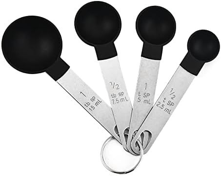 RUNZI 8 Pcs Measuring Cups and Spoons Set, Stackable Black Measuring Spoons for Measuring Dry and Liquid Ingredients Small Teaspoon with Plastic Head,Black