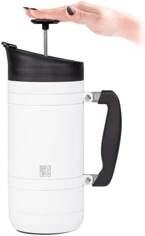 BruTrek by Planetary Design | BaseCamp French Press | 48 fl.oz - White | Insulated Stainless Steel - Bru-Stop Technology, No Grounds in Coffee, No Spill Lid (Snowflake White, 48 fl.oz)