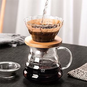 Gute Glass Pour Over Coffee Dripper with Bamboo Stand,1-4 Cups | Spiral Inner Design,Heatproof Glass,Detachable Base,Quick Rinse Clean,Fits Mugs & Carafes,Home Office,Lightweight