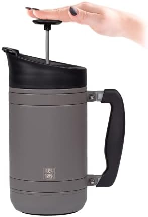 BruTrek by Planetary Design | BaseCamp French Press | 32 fl.oz Storm Gray | Double Wall Vacuum Insulated Stainless Steel - Bru-Stop Technology, No Grounds in Coffee, No Spill Lid (Storm Gray, 32 fl.oz)