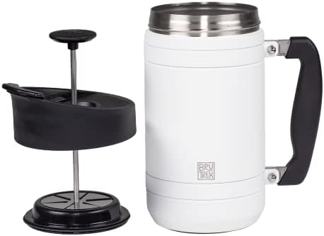 BruTrek by Planetary Design | BaseCamp French Press | 32 fl.oz - White | Insulated Stainless Steel - Bru-Stop Technology, No Grounds in Coffee, No Spill Lid (Snowflake White, 32 fl.oz)