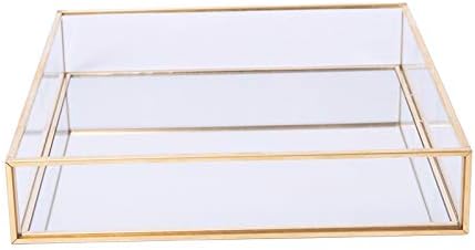 Sooyee Gold Square Mirror Tray, 8"x8" Metal and Glass Decorative Tray for Jewelry, Perfume, Makeup, Vanity, Dresser, Bathroom, Bedroom, Office, Coffee Table
