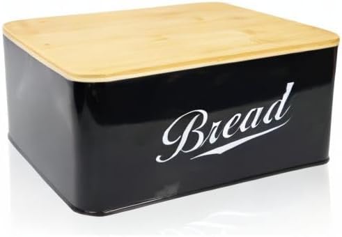 RoyalHouse Modern Metal Bread Box with Bamboo Cutting Board Lid | Bread Storage Container for Kitchen Counter, Vintage Kitchen Decor Organizer - Black