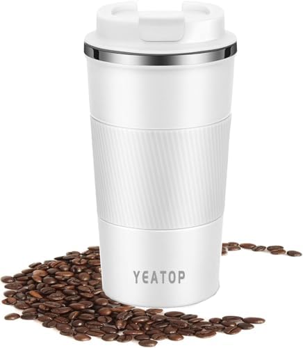 16 oz Insulated Travel Coffee Mug, Spill Proof Coffee Mug To Go, Leak proof Reusable Thermal Coffee Cup With Lid, Stainless Steel Vacuum Coffee Tumbler for Hot/Cold Drinks (White, 510ml)