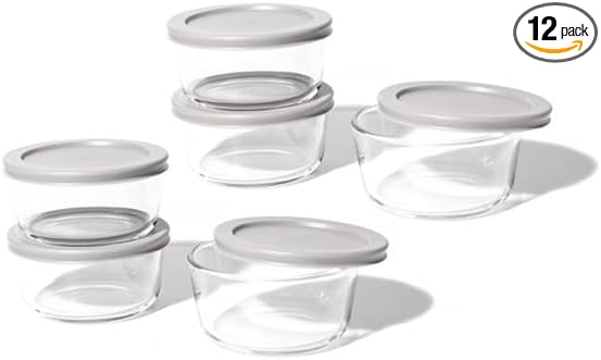 12-Piece Glass Food Storage Containers Set (6 Containers + 6 BPA-Free Lids) | 2-Cup, Leakproof | Microwave, Freezer, Oven & Dishwasher Safe | Ideal for Meal Prep & Pantry Organization, Grey