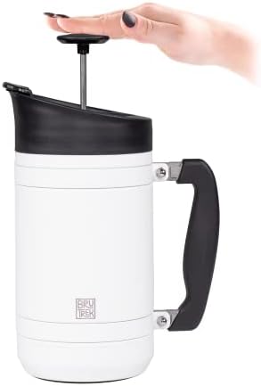 BruTrek by Planetary Design | BaseCamp French Press | 32 fl.oz - White | Insulated Stainless Steel - Bru-Stop Technology, No Grounds in Coffee, No Spill Lid (Snowflake White, 32 fl.oz)
