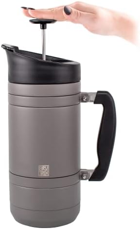 BruTrek by Planetary Design | BaseCamp French Press | 48 fl.oz - Gray | Double Wall Vacuum Insulated Stainless Steel - Bru-Stop Technology, No Grounds in Coffee, No Spill Lid (Storm Gray, 48 fl.oz)