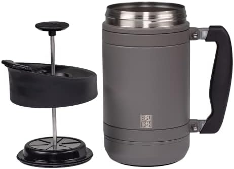 BruTrek by Planetary Design | BaseCamp French Press | 32 fl.oz Storm Gray | Double Wall Vacuum Insulated Stainless Steel - Bru-Stop Technology, No Grounds in Coffee, No Spill Lid (Storm Gray, 32 fl.oz)