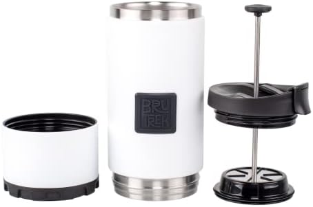 BruTrek | OVRLNDR Travel French Press | 24 fl.oz Drinkable Lid | White | Double Wall Insulated, Easy To Clean Removable Bottom, No Spill Lid, On The Go Coffee Brewing (Snowflake White)