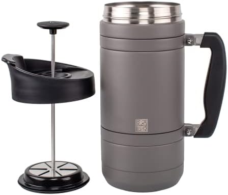 BruTrek by Planetary Design | BaseCamp French Press | 48 fl.oz - Gray | Double Wall Vacuum Insulated Stainless Steel - Bru-Stop Technology, No Grounds in Coffee, No Spill Lid (Storm Gray, 48 fl.oz)