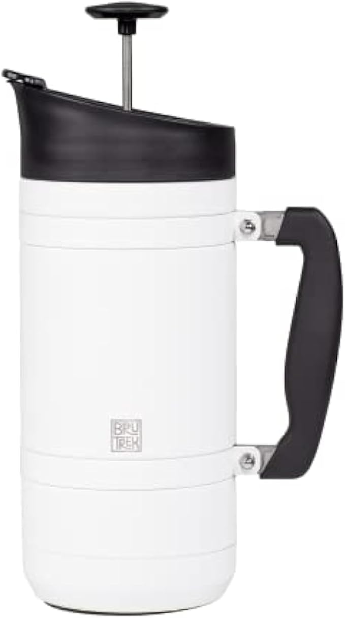 BruTrek by Planetary Design | BaseCamp French Press | 48 fl.oz - White | Insulated Stainless Steel - Bru-Stop Technology, No Grounds in Coffee, No Spill Lid (Snowflake White, 48 fl.oz)