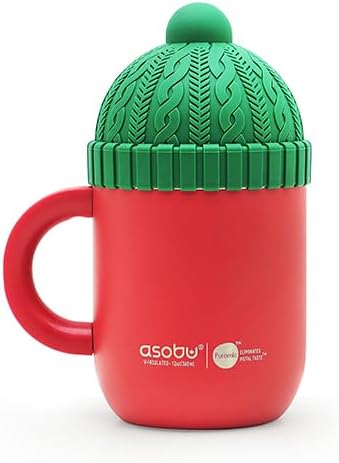 asobu Happy Hat Mug – 12 oz Double-Walled Stainless Steel Insulated Cup with Beanie-Shaped Lid – Ceramic Inner Coating – Spill-Proof and Ergonomic Design for Home and Travel (Red)