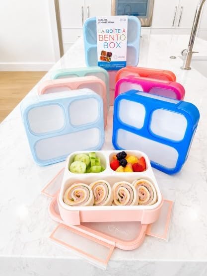 kinsho Medium Bento Boxes for Kids, Lunch Box for Boys Girls Toddler Adults, Leak-Proof 3 Compartment Containers for Meal or Snack at School Daycare Work Travel, BPA Free 2 Pack (Pastel Blue + Pink)