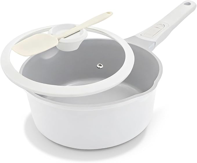 AIKENBBKK Nonstick Sauce Pan with Lid, 2.5 Qt Ceramic Saucepan with Lid, Non Stick Sauce Pan, Milk Pot&Sauce Pot&Saucepan with Pour Spout, Detachable Handle Milk Pan, Induction Compatible, White
