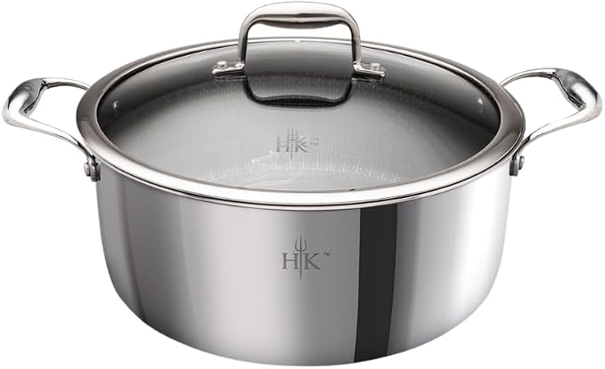 Hell's Kitchen Hybrid 5 Qt Pot and lid, Tri-Clad Stainless Steel and Nonstick Ceramic, PFAS Free, no PFOA, no PTFE, noTeflon, Non Toxic Cookware, Metal Utensil Safe, All Cooktops and Oven Safe | Induction Cookware, Stock Pot With Lid, Tri Clad Stainles...