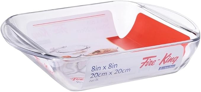 Anchor Hocking 77887 Fire-King Square Cake Dish, Glass, 8-Inch | Tempered Glass | Clear Bakeware | Even Heat Distribution | Dessert Baking | Dishwasher Safe | Oven Safe