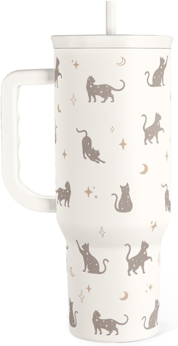 Gift for Cat Lovers Cat Mom – 40oz Stainless Steel Tumbler with Handle and Straw - Travel Coffee Mug for Women, Gift for Birthday, Christmas