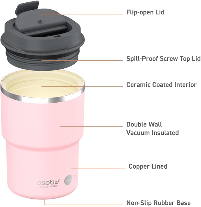 asobu Travel Mug Ceramic Coated Stainless Steel Insulated with Leak and Spill Proof Lid – Fits Standard Cup Holders 12 oz Tumbler (Pink)