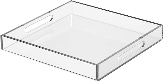 NIUBEE Acrylic Serving Tray 10x10 Inches -Spill Proof- Clear Decorative Tray Organiser for Ottoman Coffee Table Countertop with Handles | Spill-Proof tray for Coffee Table, Ottoman | Decorative Tray for Breakfast in Bed, Drink Serving & Home Organization