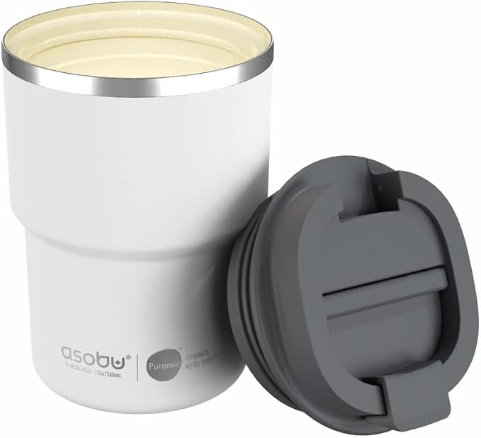 asobu Travel Mug Ceramic Coated Stainless Steel Insulated with Leak and Spill Proof Lid – Fits Standard Cup Holders 12 oz Tumbler (White)