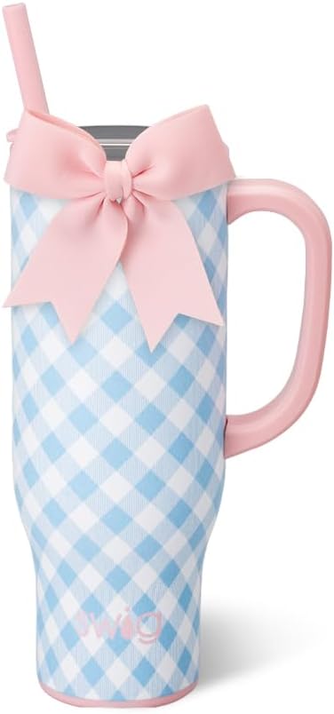 Swig Life 30oz Insulated Mega Mug with Handle & Straw, Gingham | Triple Insulated Stainless Steel - Handle & Straw Included - Extra Large Capacity - Cup Holder Friendly
