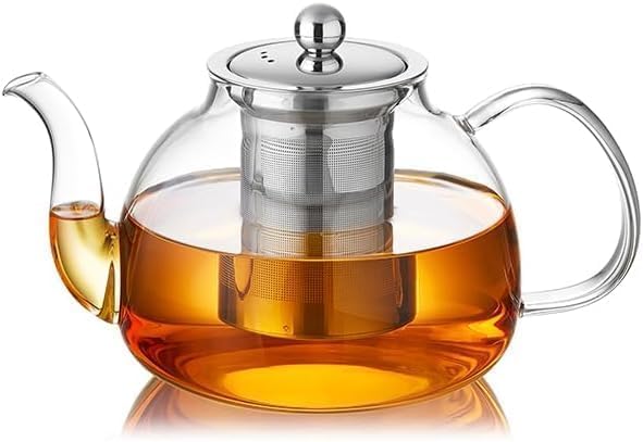 DOPUDO 42OZ (1250ML) Glass Teapot with Infuser Stovetop Safe, Clear Glass Tea Pot Kettle, Borosilicate Tea Pot with Infusers Filter for Loose Tea, Tea Kettle Dishwasher Safe