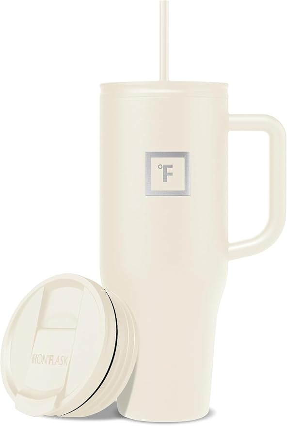 IRON °FLASK 40 oz Co-Pilot Insulated Travel Mug | Insulated Travel Mug with Straw & Flip Cap Lids - Cup Holder Fit, Leakproof, BPA Free (Cashmere Cream)