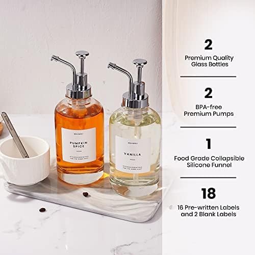 Coffee Syrup Dispenser for Coffee Bar, Coffee Pump Dispenser, Glass Syrup Bottle w. Pump, Maple/Coffee Syrup Bottles, Syrup Dispenser Set of 4, w. Labels, Siver