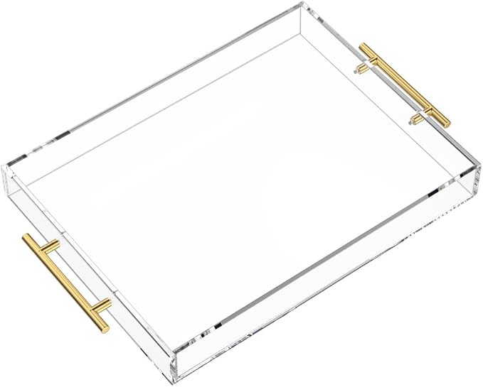 NIUBEE Clear Serving Tray 12x16 Inches - Acrylic Decorative Tray Organiser | Spill-Proof tray with Round Handles for Ottoman Coffee Table Countertop | Decorative Tray for Breakfast in Bed
