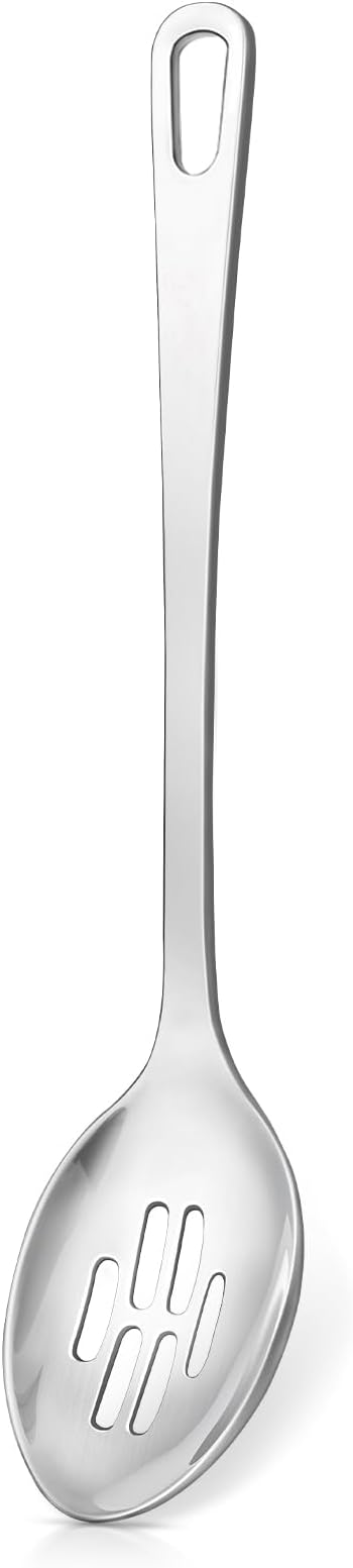 Stainless Steel Cooking Spoon, Slotted Metal Serving Spoon, Heavy Duty Sturdy Large Soup Ladle, High Heat Resistant Kitchen Cooking Utensils for Mixing, Stirring, Ergonomic Handle, Easy to Clean
