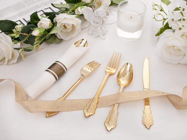 400PCS Gold Wrapped Silverware Disposable Fancy for Parties Weddings | Pre-Rolled and Individually Wrapped, 100 Guests, Durable and Sturdy, BPA free, Includes Matching Napkins, for Elegant Dinners