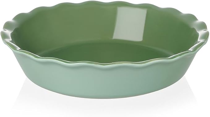 Sweejar Ceramic Pie Pan, 10 Inches Round Baking Dish for Dinner(Green) | Non-Stick Plate With Soft Wave Edge for Apple, Pumpkin, Pot Pies