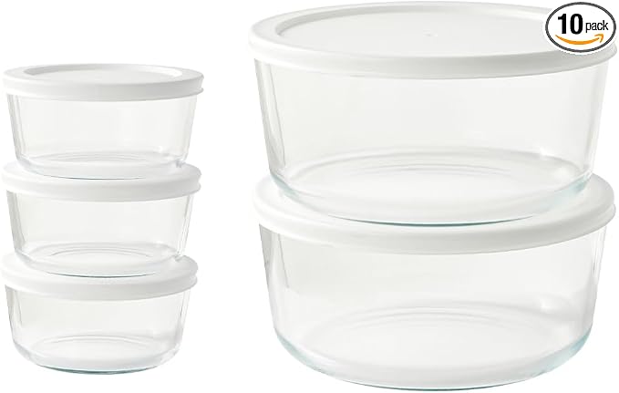 10-Piece Glass Food Storage Containers Set (5 Containers + 5 BPA-Free Lids) | 2-Cup & 6.5-Cup, Leakproof | Microwave, Freezer, Oven & Dishwasher Safe | Ideal for Meal Prep & Pantry Organization, White